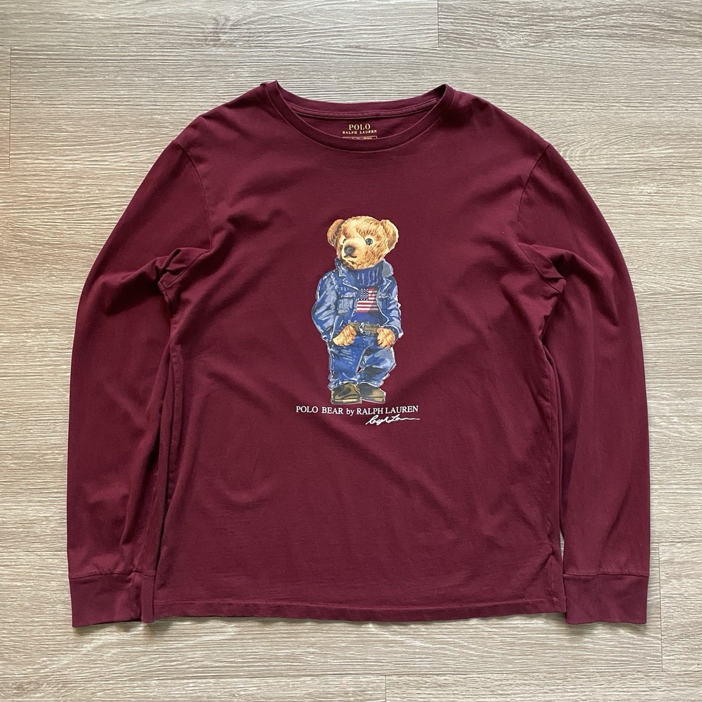 Polo Ralph Lauren Polo Bear Graphic Shirt Men's S Burgundy Long Sleeve USA READ